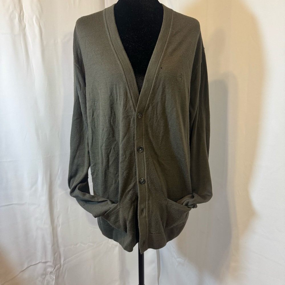 NWT Lacoste Wool Cardigan 5 L Olive Green Woolmark READ FLAW Grandpa Core